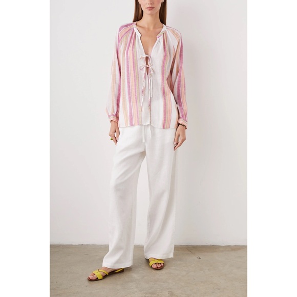 Rails Brielle Linen Top Size S Hibiscus Stripe Pink White Tie Front Long Sleeve - Picture 1 of 12